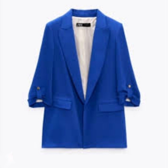 Zara Blazer Cobalt Blue Womens Size Medium Preppy Bold Open Front Workwear - Picture 3 of 16